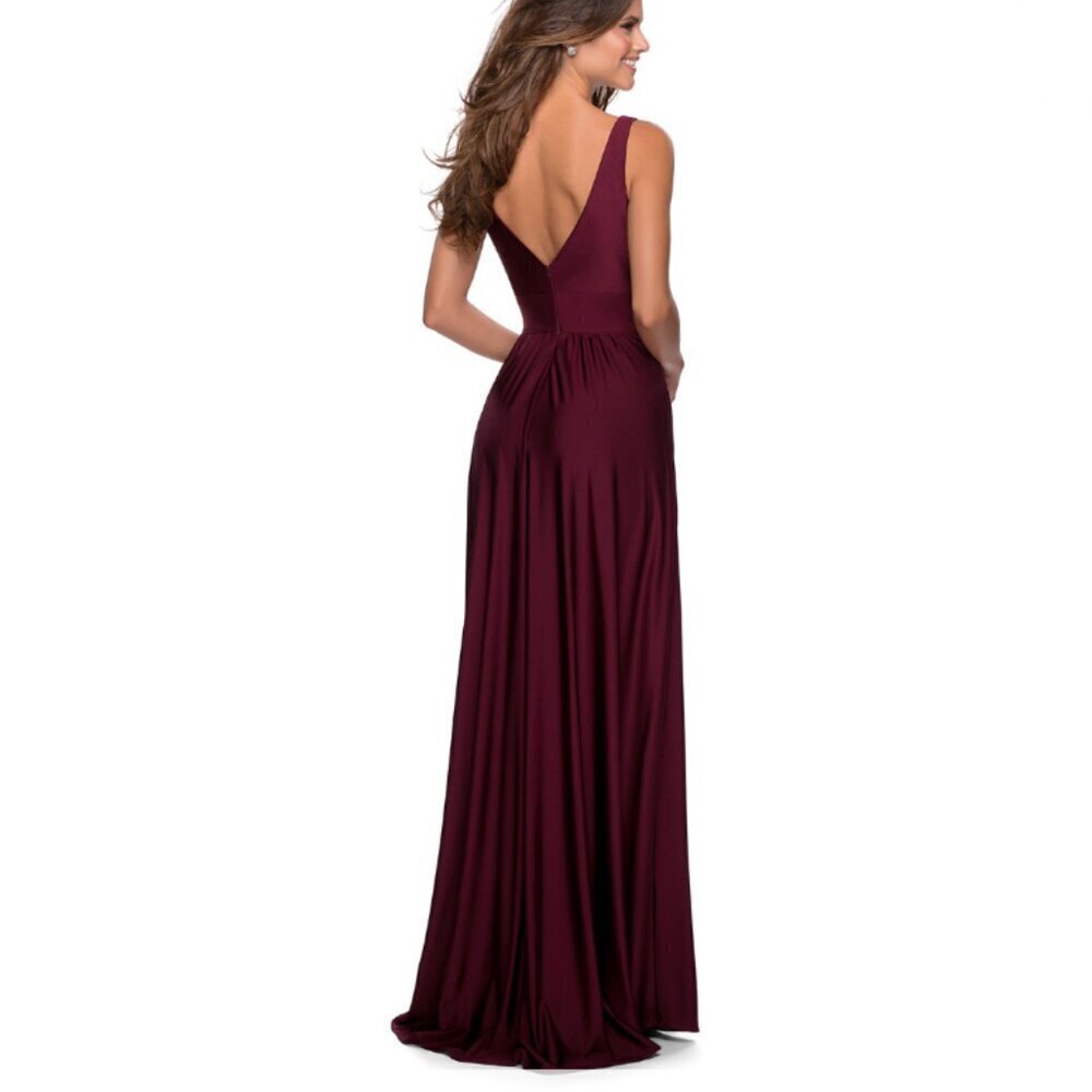 La Femme Plunge Neck‎ A-Line Gown 2 Burgundy 28547 Jersey - Picture 2 of 8